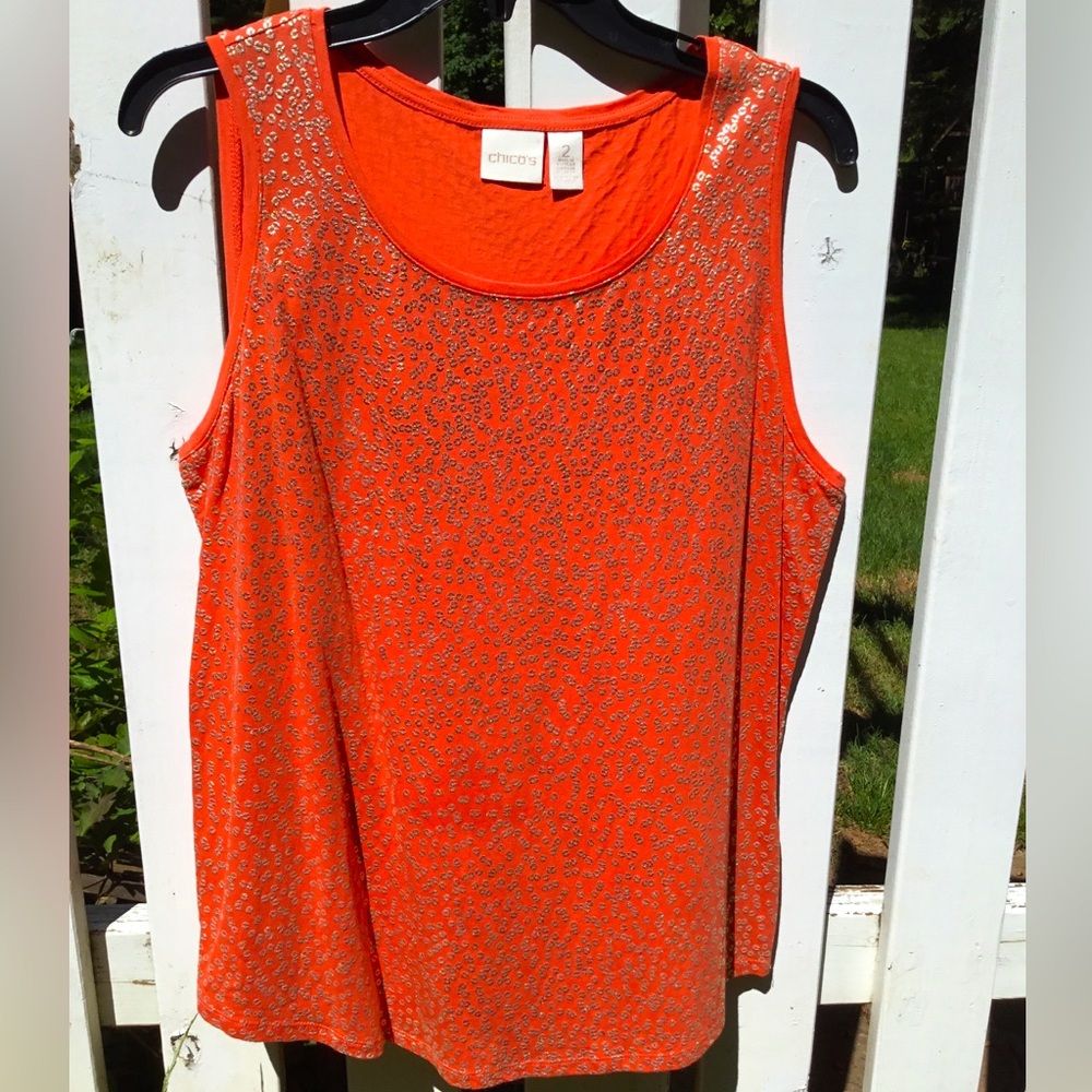 Chico’s Metallic Print Orange Tank Top Sz 2 (12)